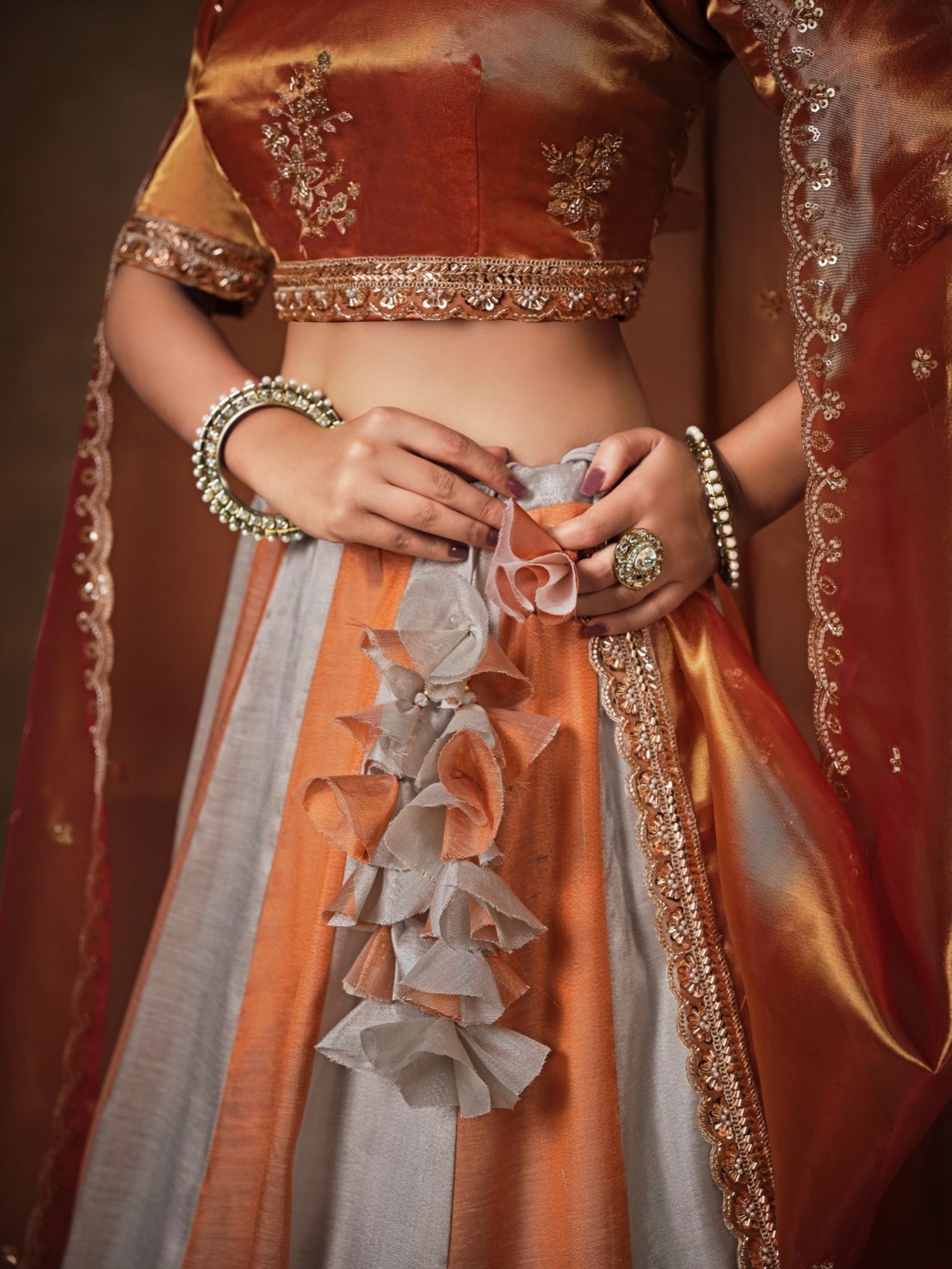 Copper Tissue Lehenga Choli with Sequins, Swarovski &amp; Zari Work