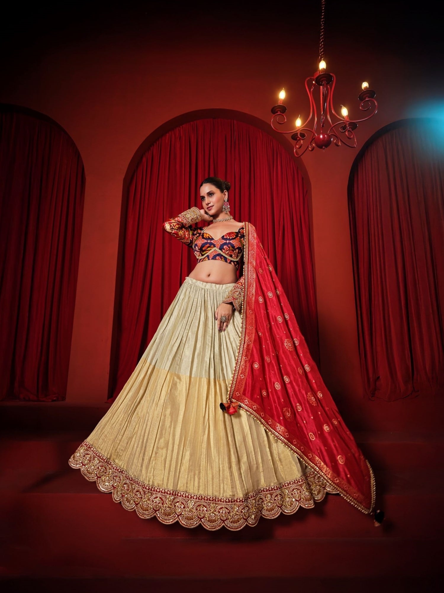 Cream Lehenga Choli with Rust Dupatta &amp; Heavy Embroidery