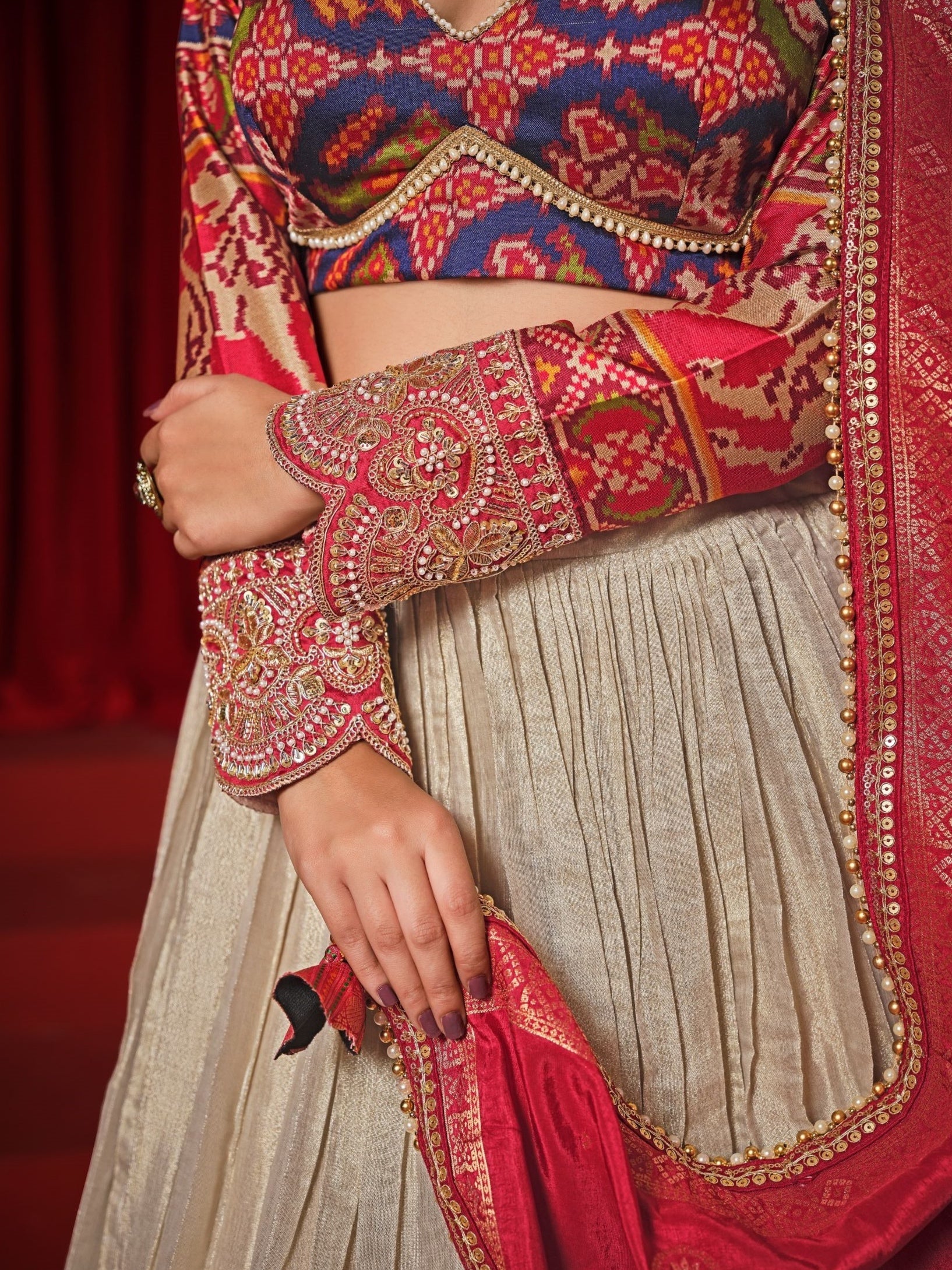 Cream Lehenga Choli with Rust Dupatta &amp; Heavy Embroidery