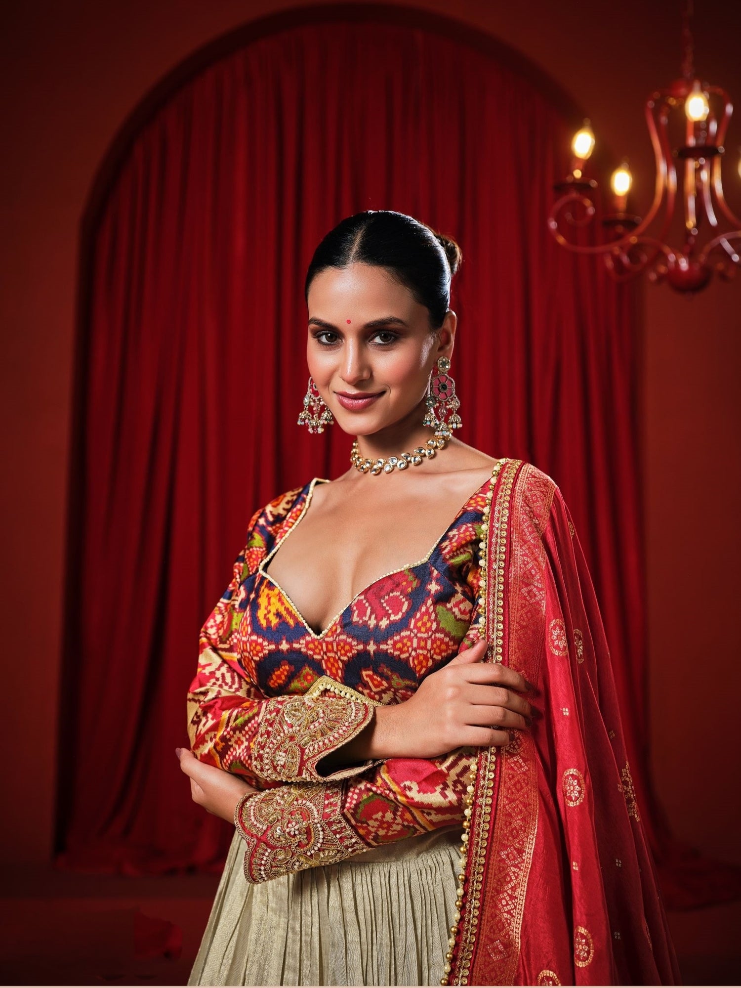 Cream Lehenga Choli with Rust Dupatta &amp; Heavy Embroidery