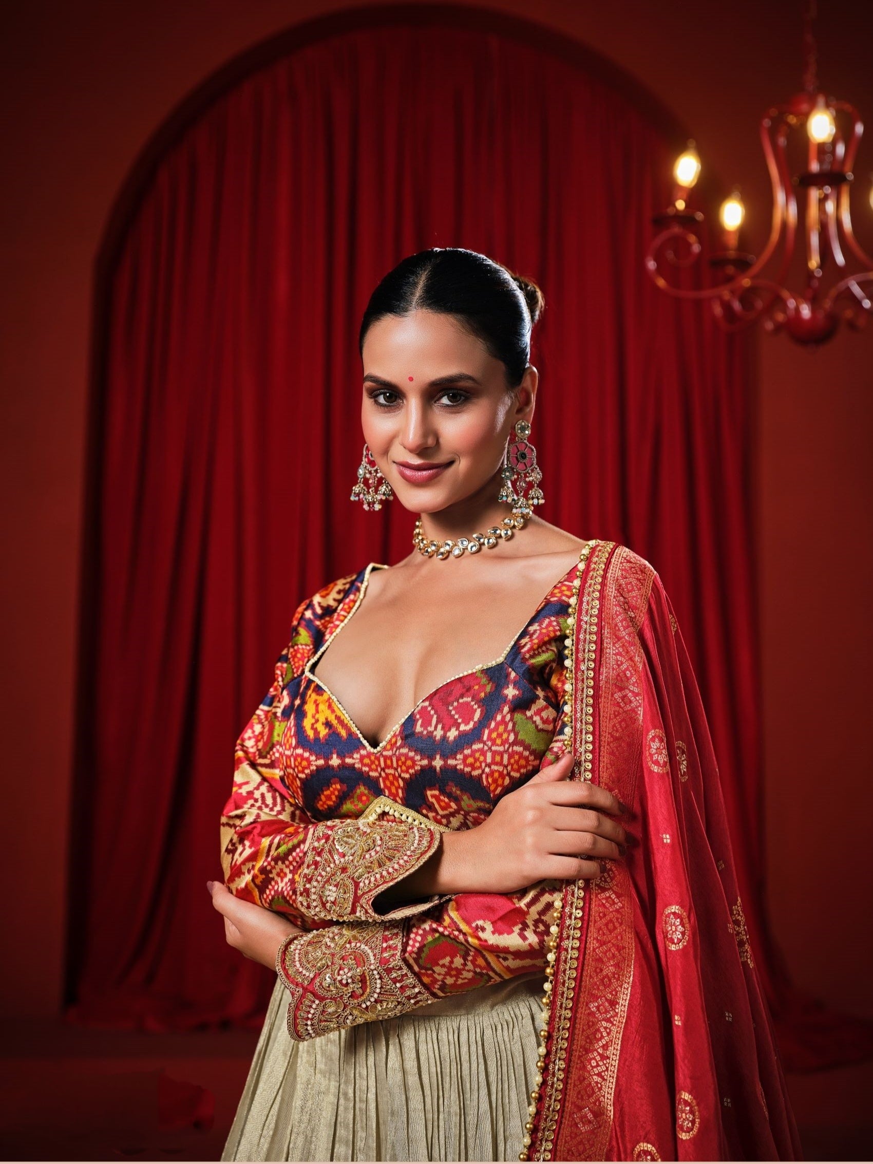 Cream Lehenga Choli with Rust Dupatta &amp; Heavy Embroidery