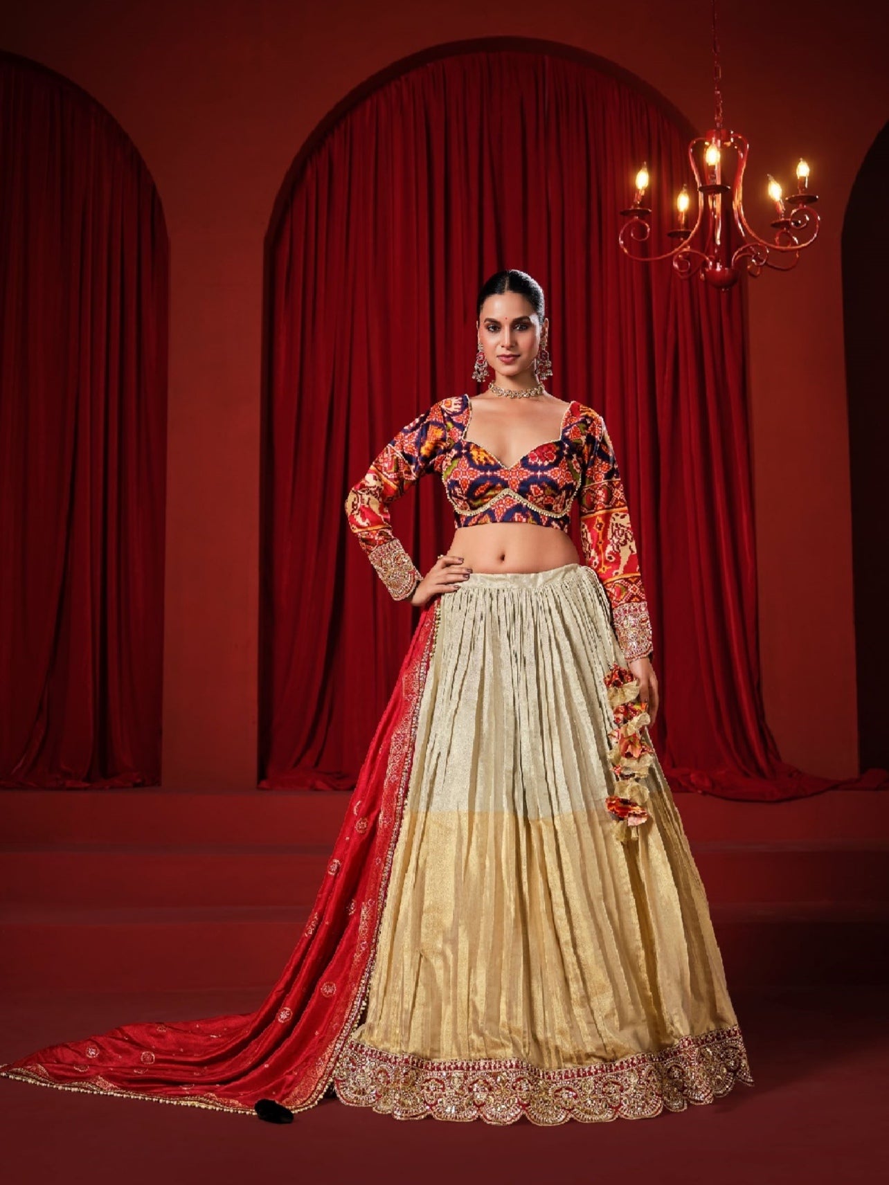Cream Lehenga Choli with Rust Dupatta &amp; Heavy Embroidery