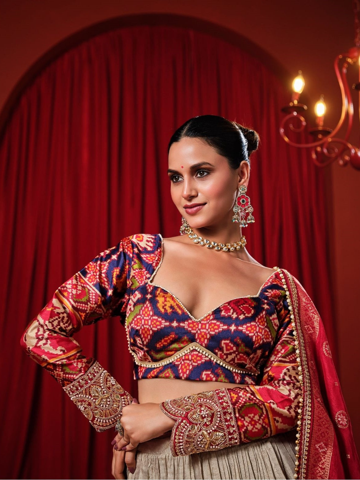 Cream Lehenga Choli with Rust Dupatta &amp; Heavy Embroidery