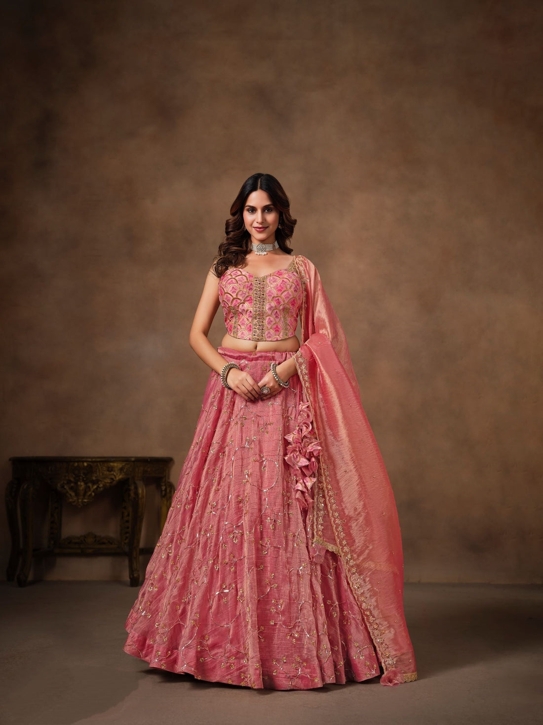 Pink Banarasi Lehenga Choli with Heavy Embroidery