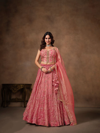 Pink Banarasi Lehenga Choli with Heavy Embroidery
