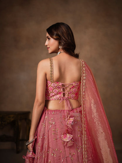 Pink Banarasi Lehenga Choli with Heavy Embroidery