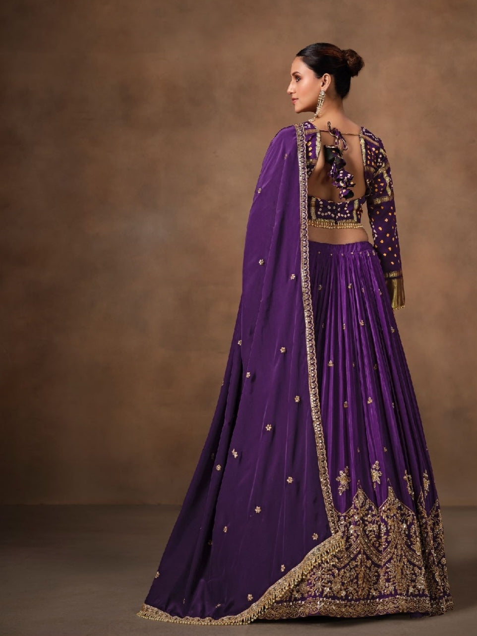 Purple Bandhej Lehenga Choli with Zari &amp; Sequins Work