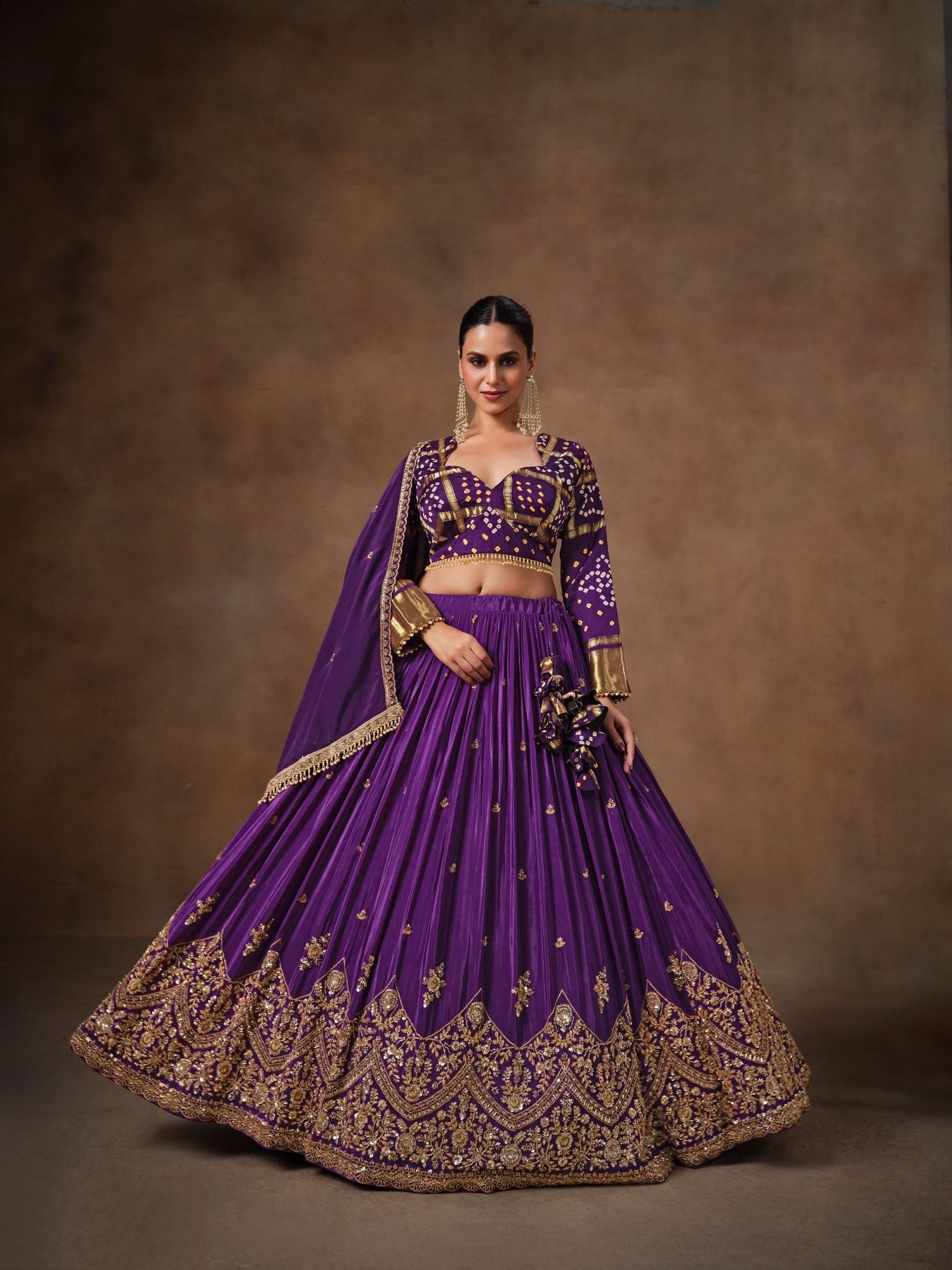 Purple Bandhej Lehenga Choli with Zari &amp; Sequins Work