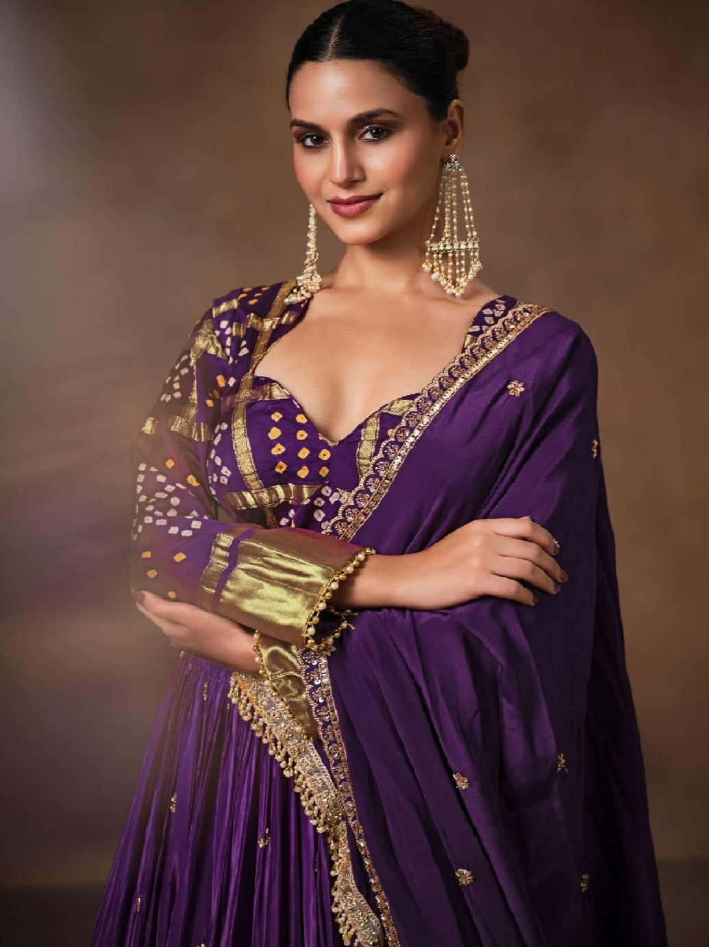 Purple Bandhej Lehenga Choli with Zari &amp; Sequins Work