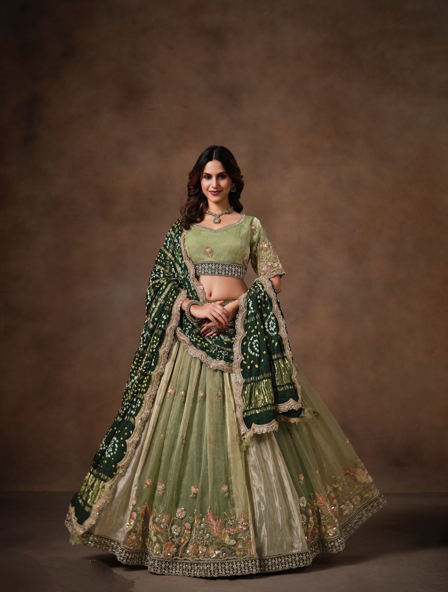 Green Bandhej Glass Tissue Lehenga with Embroidery &amp; Zari Work