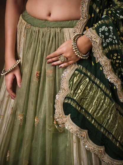 Green Bandhej Glass Tissue Lehenga with Embroidery &amp; Zari Work