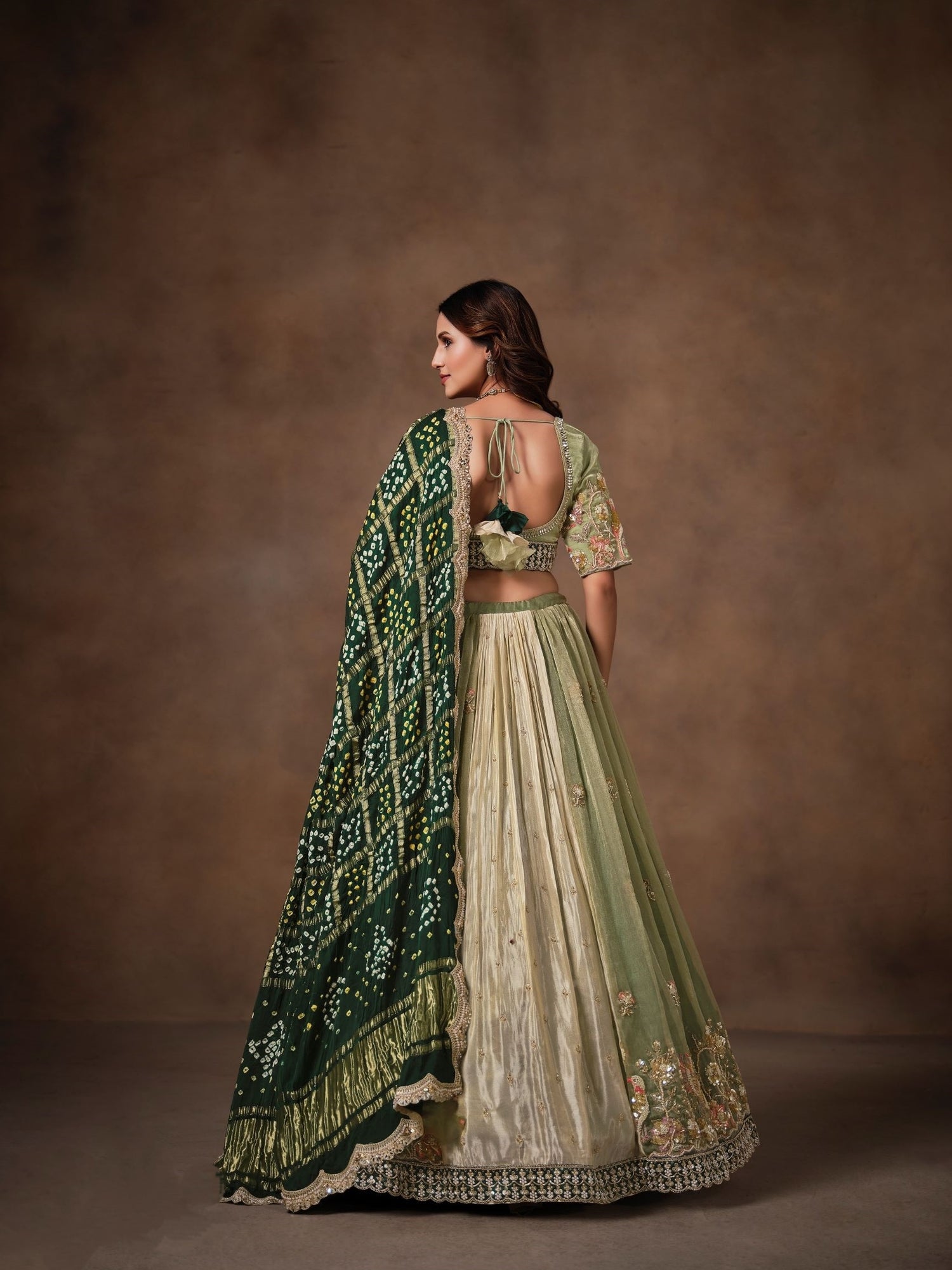 Green Bandhej Glass Tissue Lehenga with Embroidery &amp; Zari Work