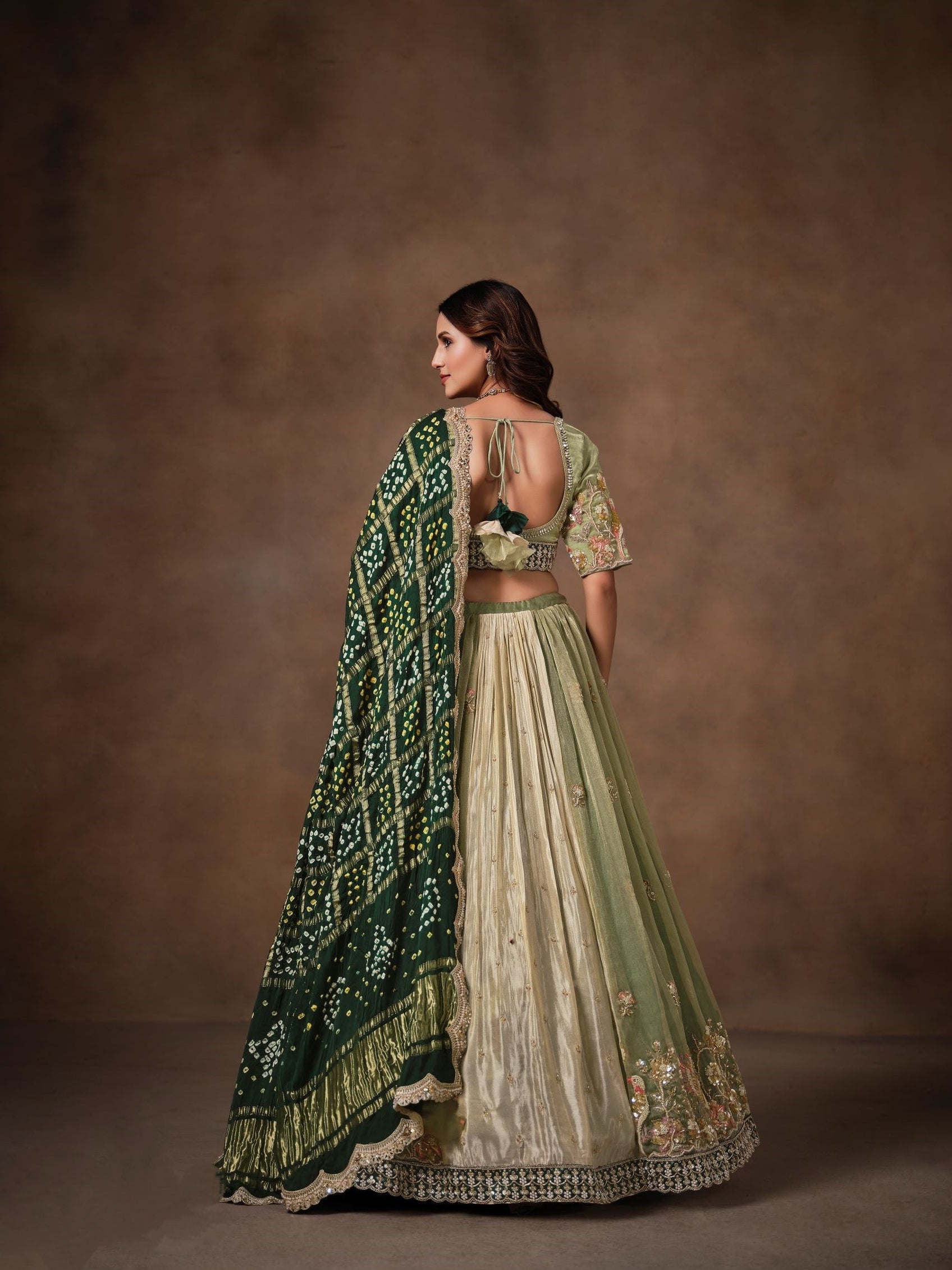 Green Bandhej Glass Tissue Lehenga with Embroidery &amp; Zari Work
