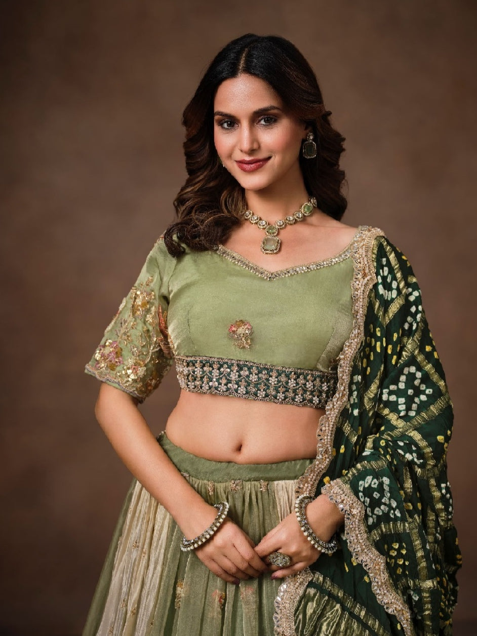Green Bandhej Glass Tissue Lehenga with Embroidery &amp; Zari Work