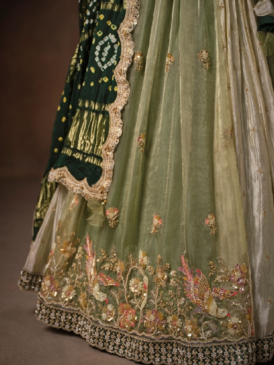 Green Bandhej Glass Tissue Lehenga with Embroidery &amp; Zari Work