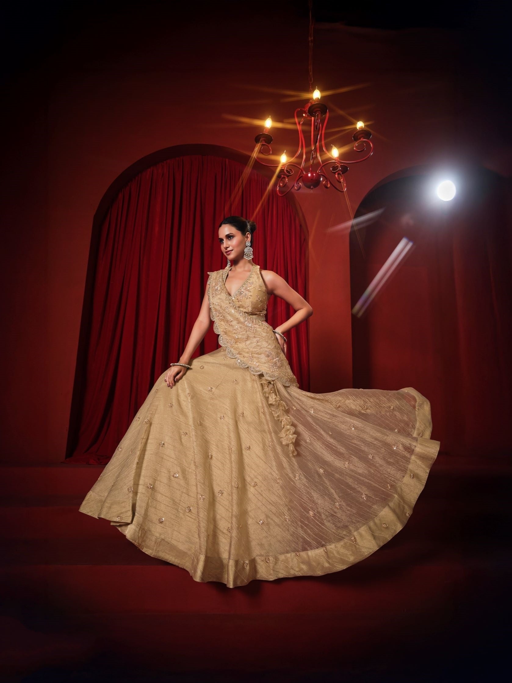 Beige Banarasi Tissue Crush Lehenga Choli with Zari &amp; Swarovski Work