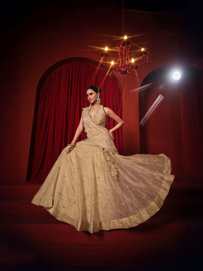 Beige Banarasi Tissue Crush Lehenga Choli with Zari &amp; Swarovski Work