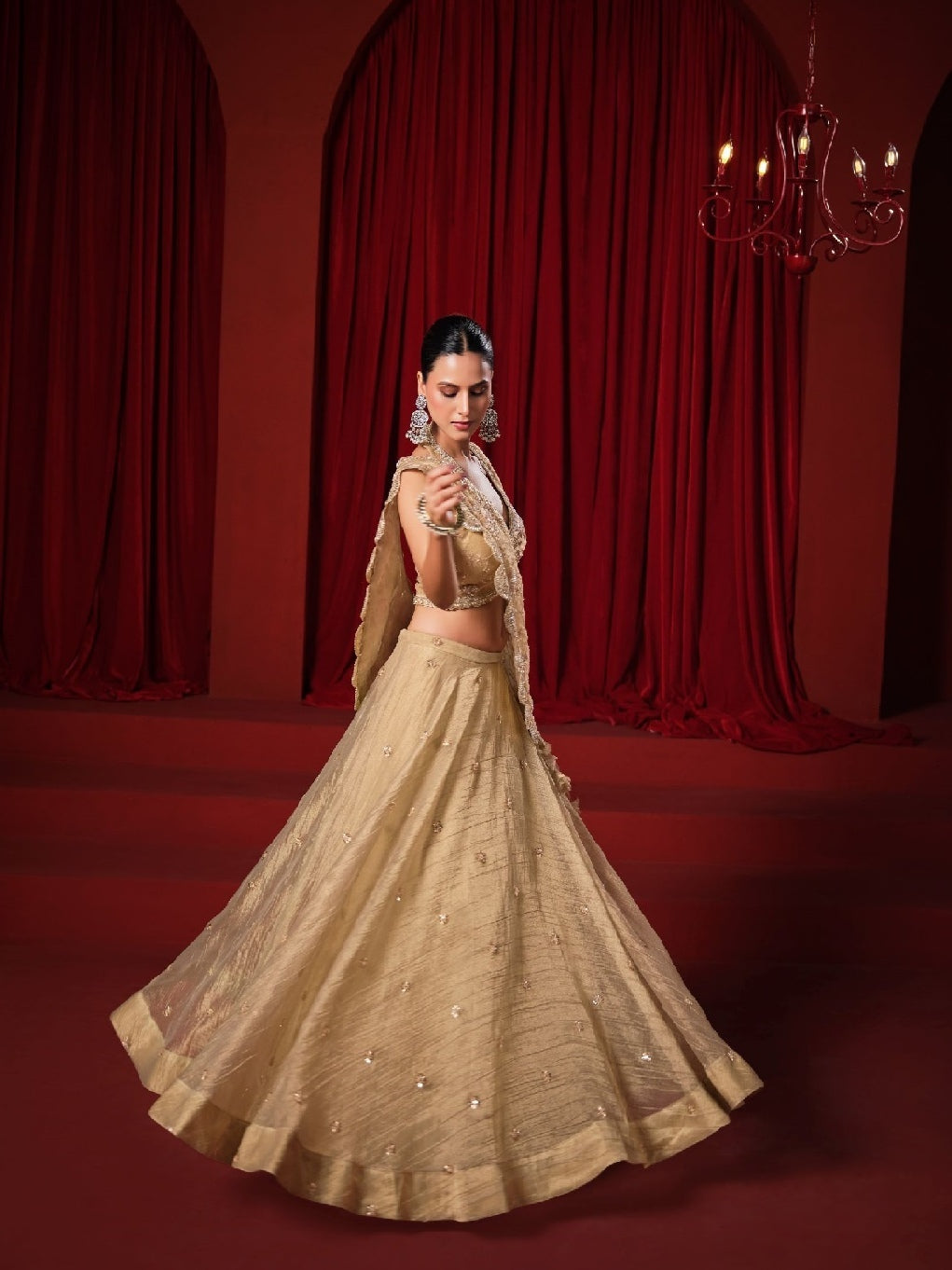 Beige Banarasi Tissue Crush Lehenga Choli with Zari &amp; Swarovski Work
