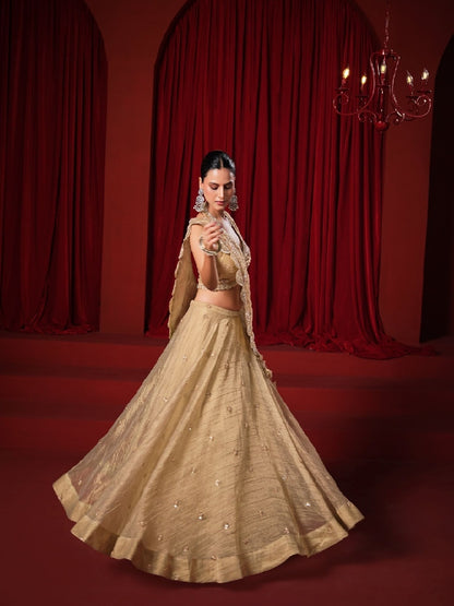 Beige Banarasi Tissue Crush Lehenga Choli with Zari &amp; Swarovski Work