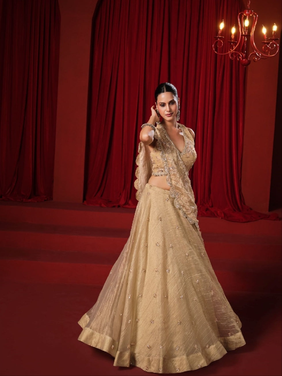 Beige Banarasi Tissue Crush Lehenga Choli with Zari &amp; Swarovski Work