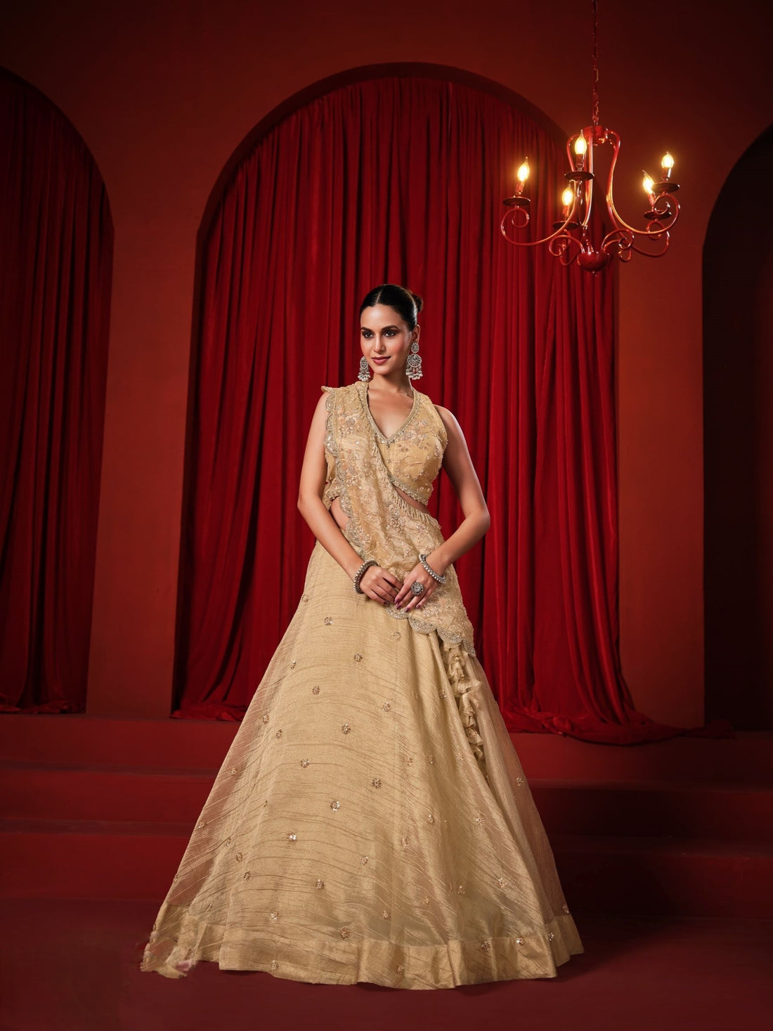 Beige Banarasi Tissue Crush Lehenga Choli with Zari &amp; Swarovski Work