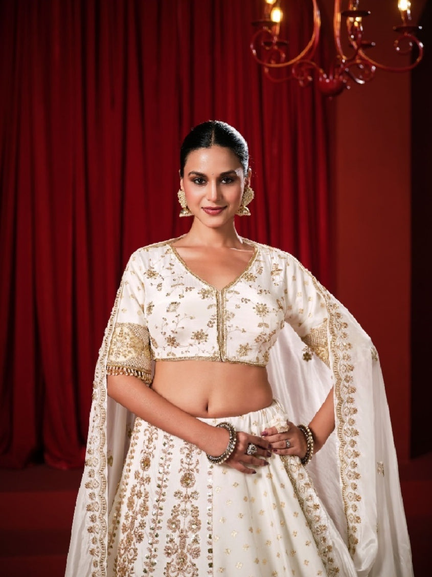 White Dola Silk Lehenga Choli with Heavy Embroidery &amp; Zari Work