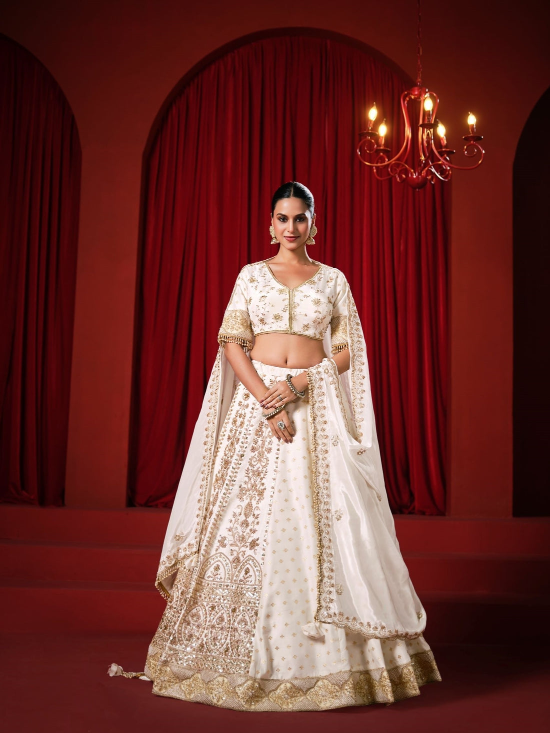 White Dola Silk Lehenga Choli with Heavy Embroidery &amp; Zari Work