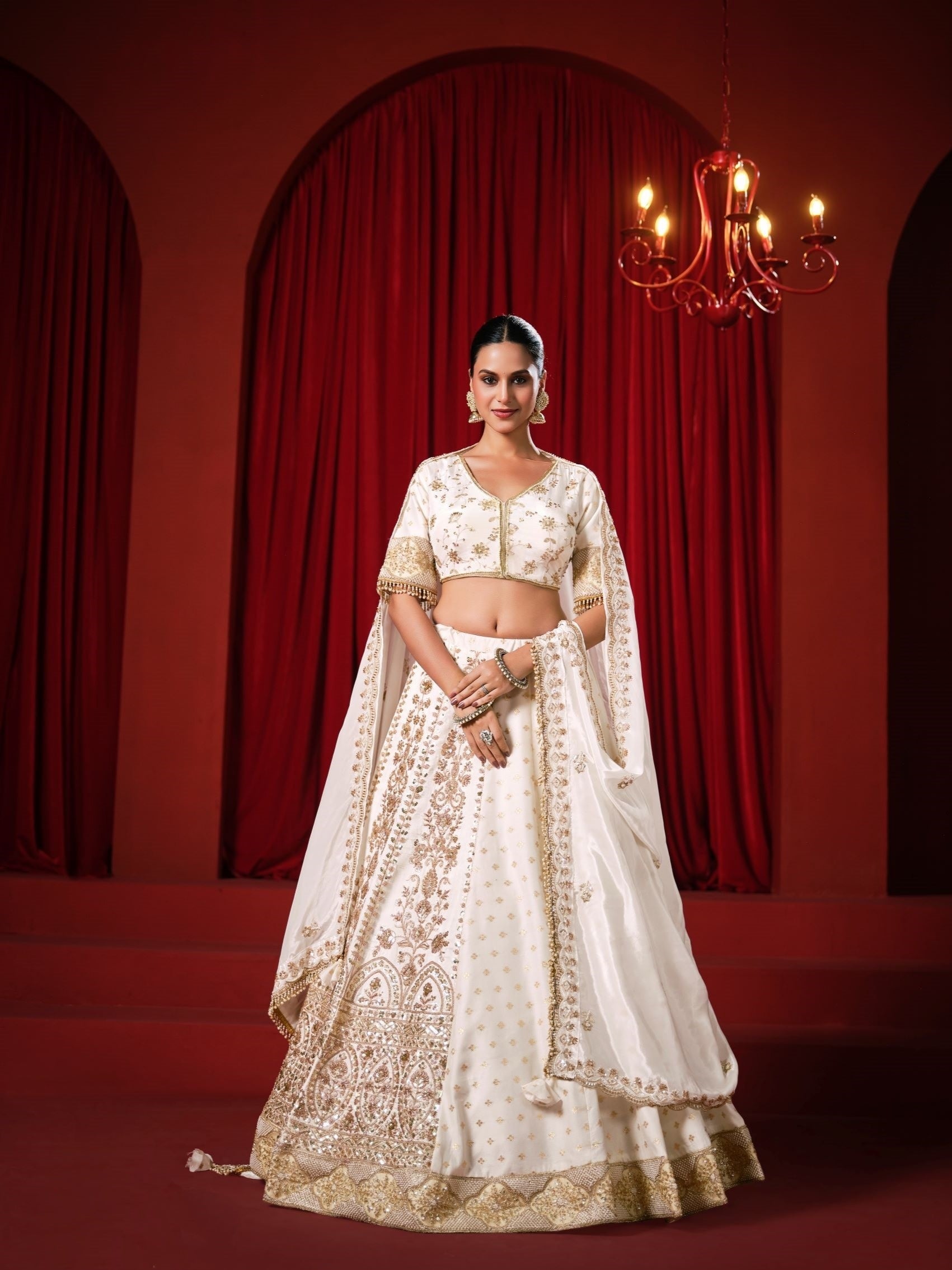 White Dola Silk Lehenga Choli with Heavy Embroidery &amp; Zari Work