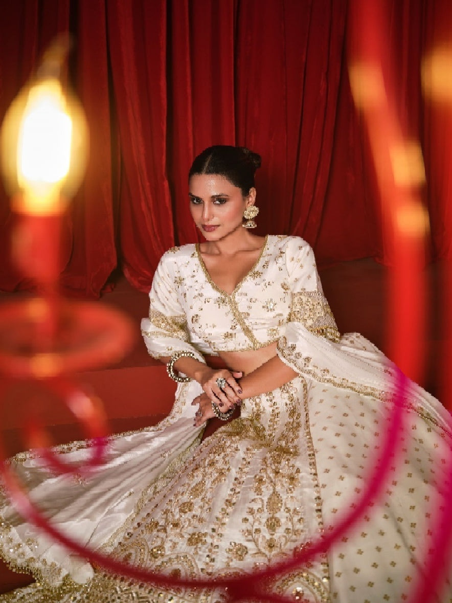 White Dola Silk Lehenga Choli with Heavy Embroidery &amp; Zari Work