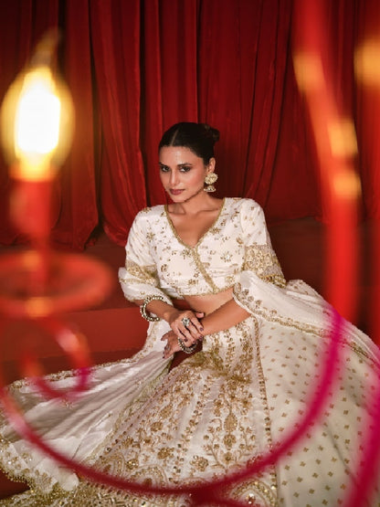 White Dola Silk Lehenga Choli with Heavy Embroidery &amp; Zari Work