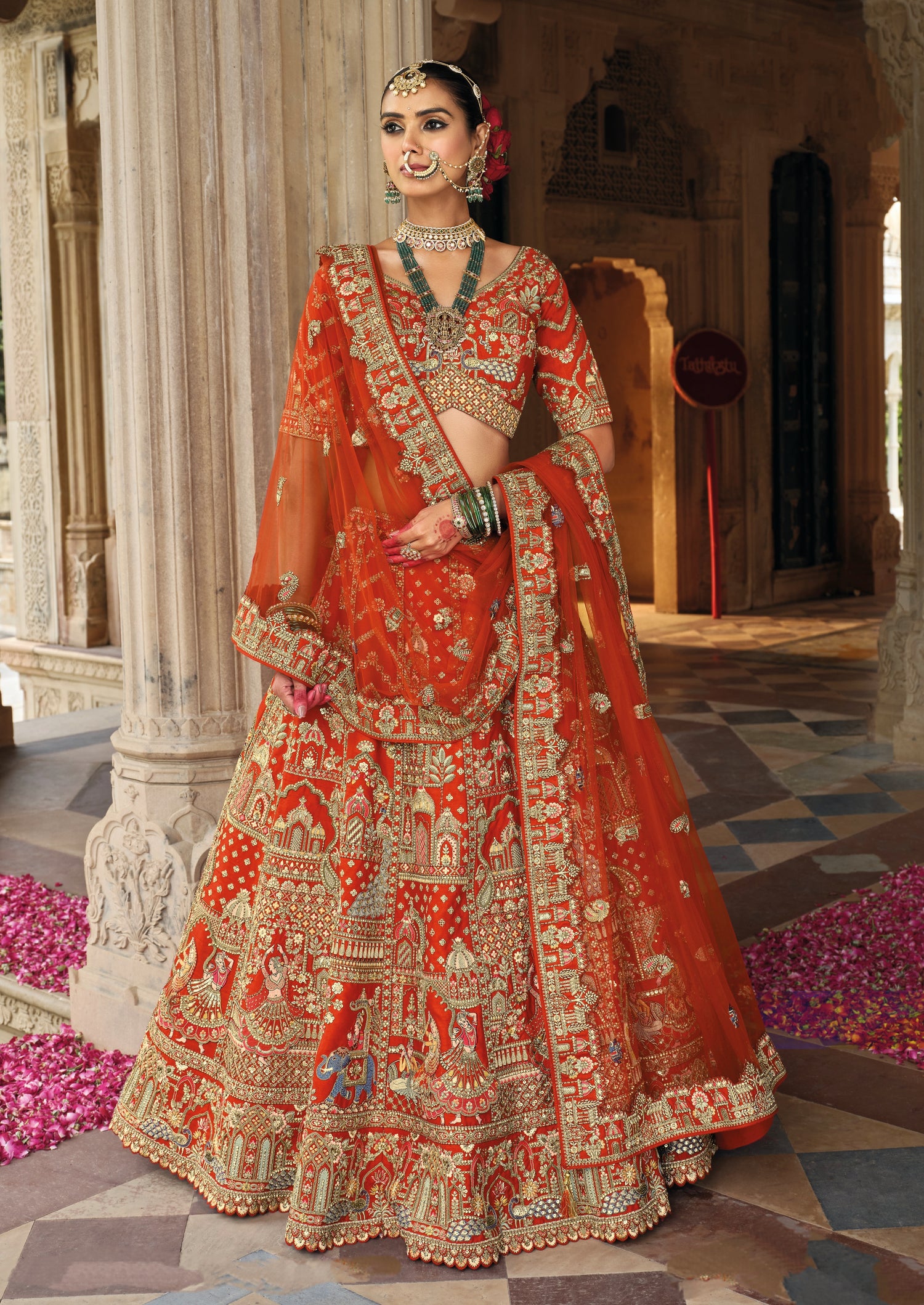 Royal Red Silk Bridal Lehenga Choli with Khatli Embroidery