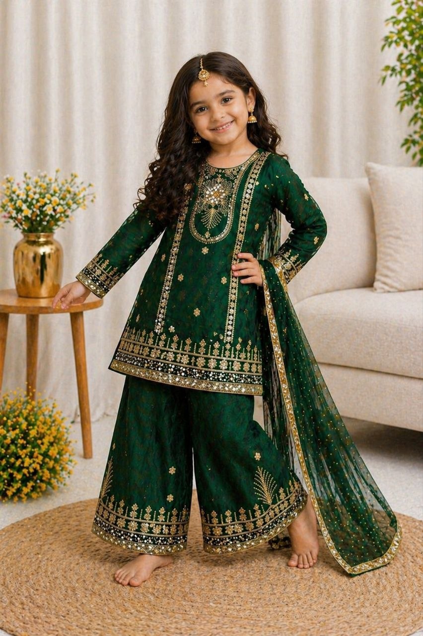 Dark Green Girls Party Wear Top Palazzo &amp; Dupatta Set