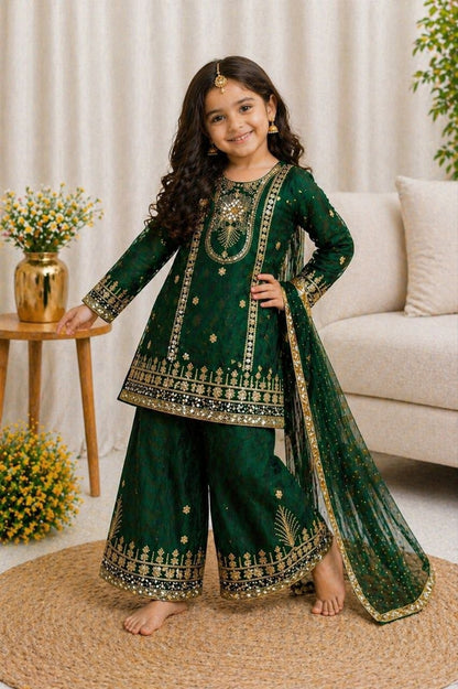 Dark Green Girls Party Wear Top Palazzo &amp; Dupatta Set