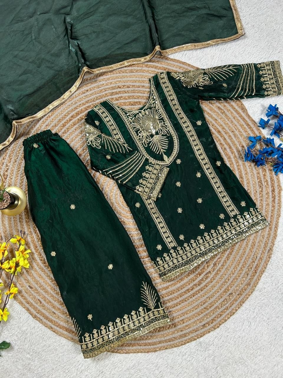Dark Green Girls Party Wear Top Palazzo &amp; Dupatta Set