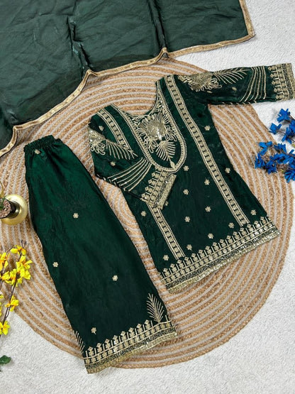 Dark Green Girls Party Wear Top Palazzo &amp; Dupatta Set