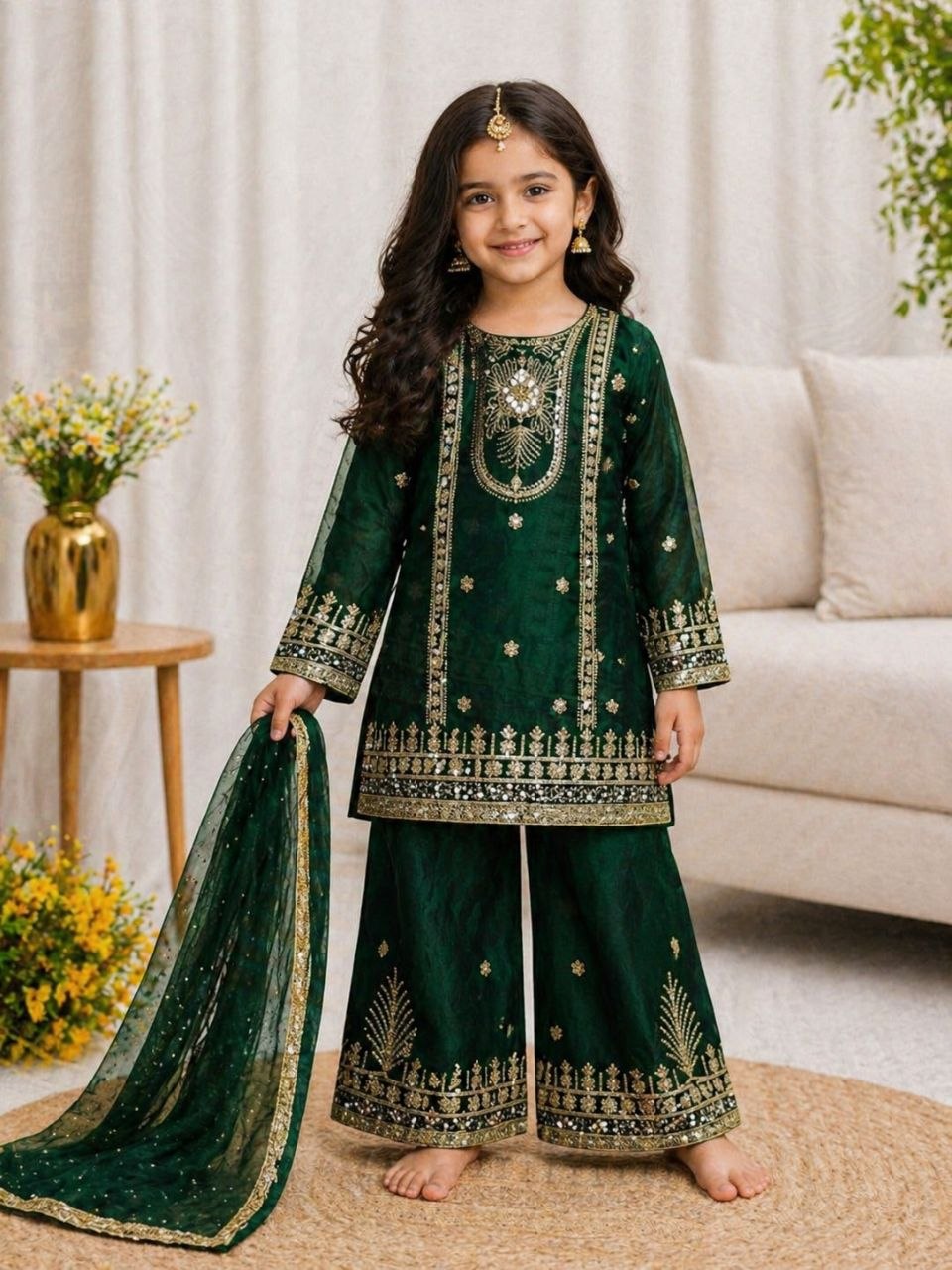 Dark Green Girls Party Wear Top Palazzo &amp; Dupatta Set