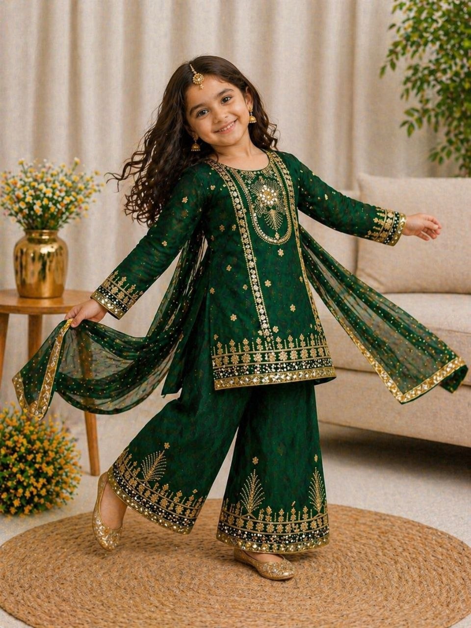 Dark Green Girls Party Wear Top Palazzo &amp; Dupatta Set