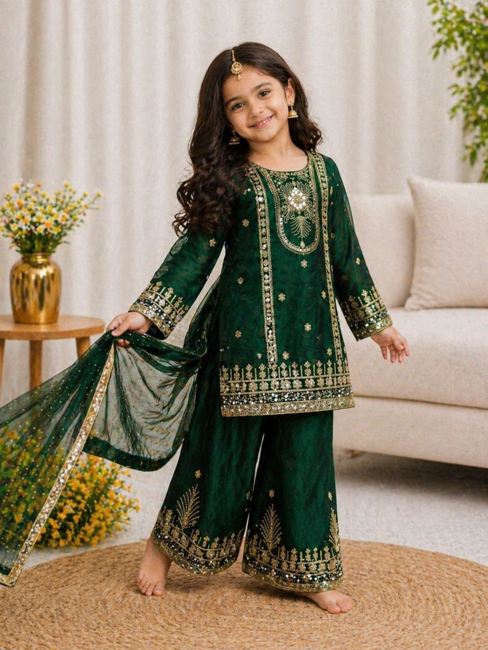 Dark Green Girls Party Wear Top Palazzo &amp; Dupatta Set