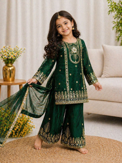 Dark Green Girls Party Wear Top Palazzo &amp; Dupatta Set
