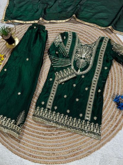 Dark Green Girls Party Wear Top Palazzo &amp; Dupatta Set