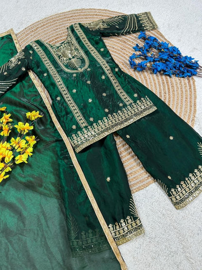 Dark Green Girls Party Wear Top Palazzo &amp; Dupatta Set