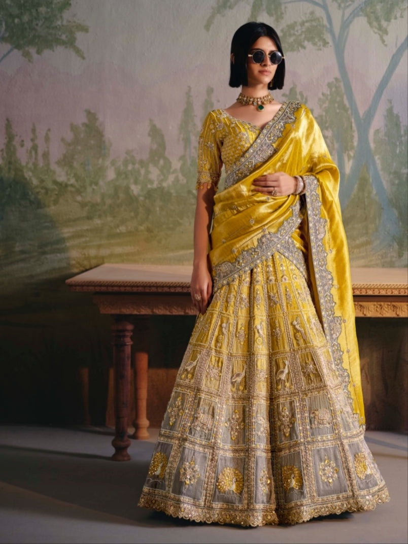 Mustard Yellow &amp; Silver Embroidered Designer Lehenga Choli with Dupatta