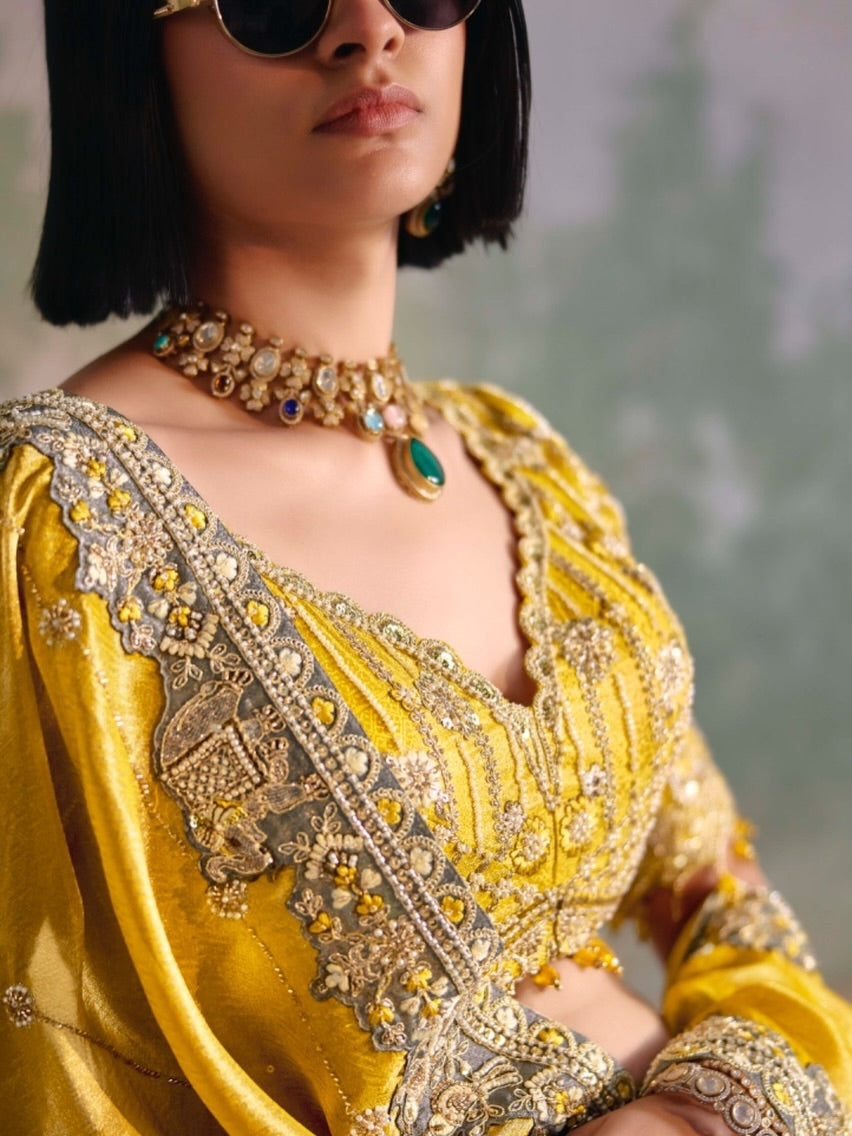 Mustard Yellow &amp; Silver Embroidered Designer Lehenga Choli with Dupatta