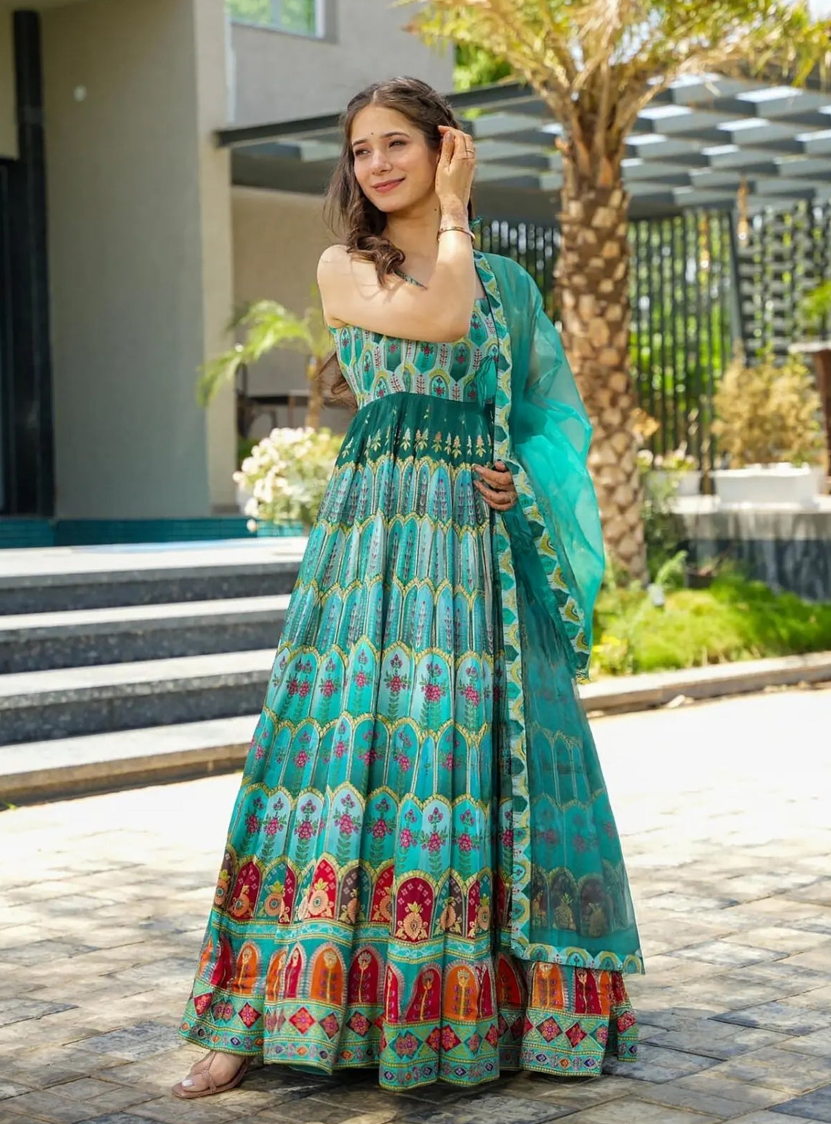 Green Pure Heavy Soft Silk Digital Printed Anarkali Gown