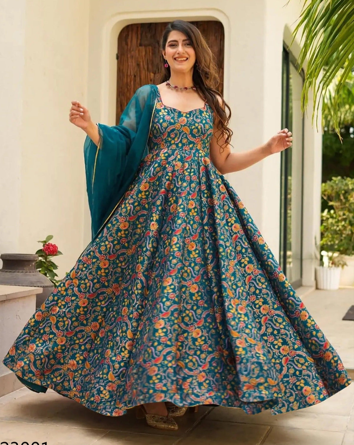 Teal Blue Pure Heavy Soft Silk Digital Printed Anarkali Gown