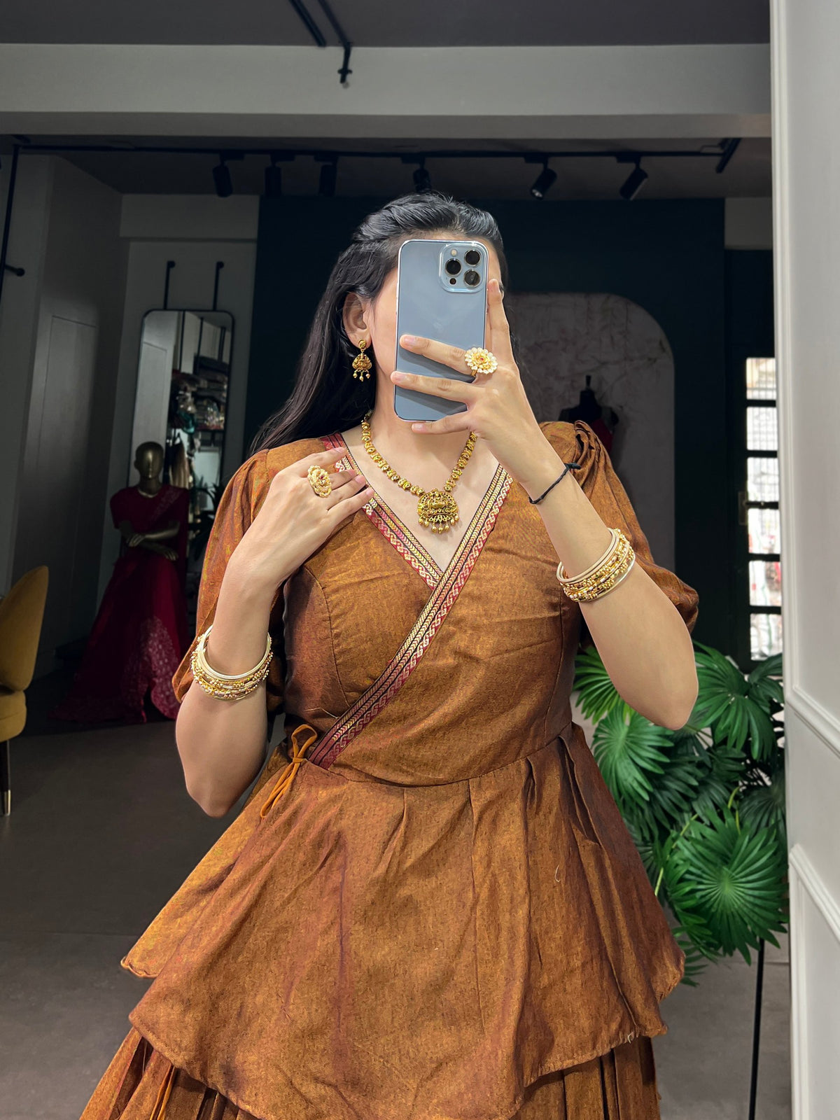 Brown Pure Narayan Pet Cotton Paired South Indian Lehenga Choli