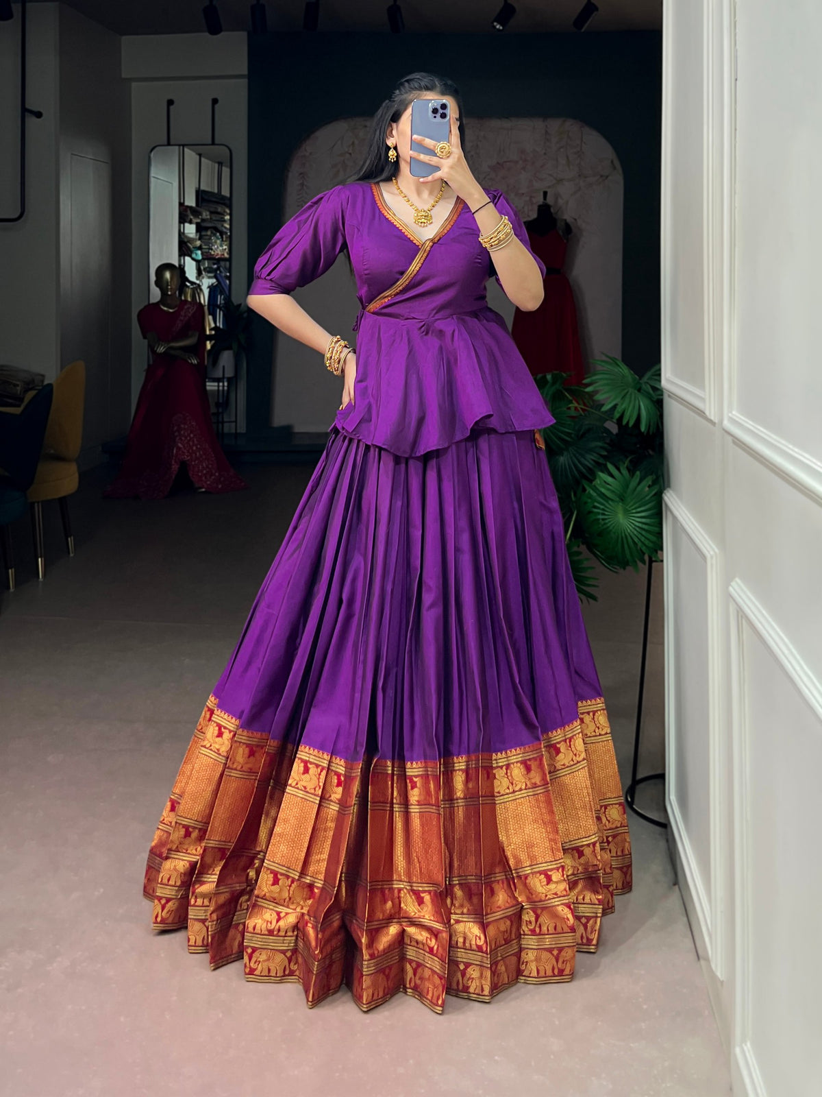 Purple Pure Narayan Pet Cotton Paired South Indian Lehenga Choli