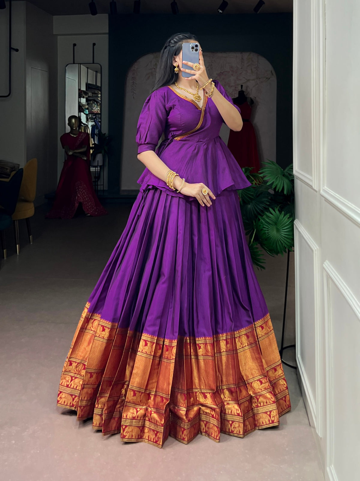 Purple Pure Narayan Pet Cotton Paired South Indian Lehenga Choli
