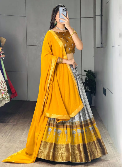 Mustard Pure Tussar Khichu Ethnic Print With Silk Weaving Border South Indian Lehenga Choli
