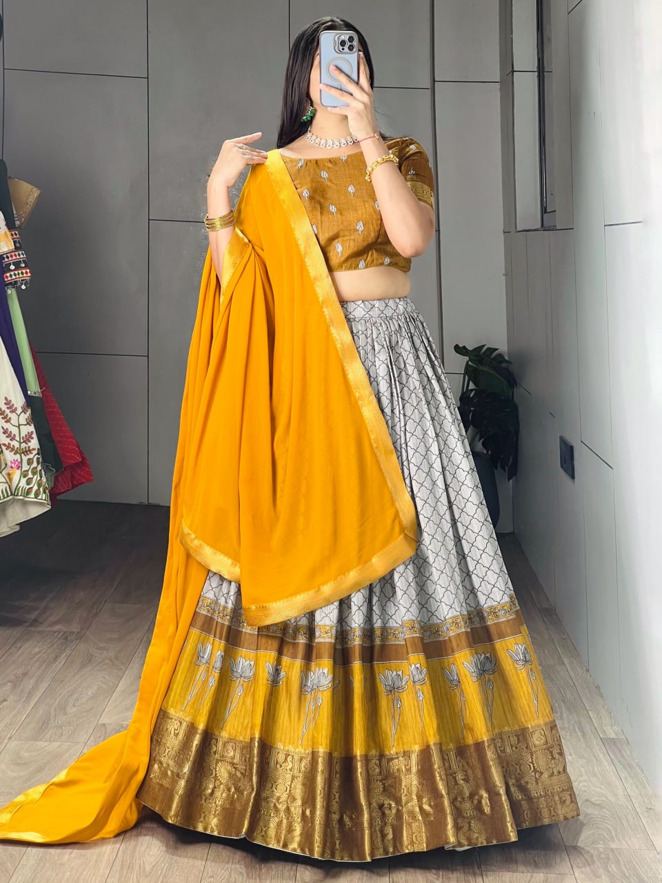 Mustard Pure Tussar Khichu Ethnic Print With Silk Weaving Border South Indian Lehenga Choli